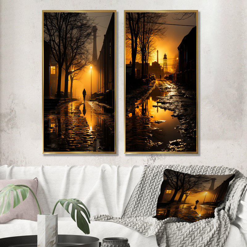 Usine, hiver, paysage, Afterglow - usines d'art mural, ensemble de 2, Encadrement doré, H 28 po x l 25 po
