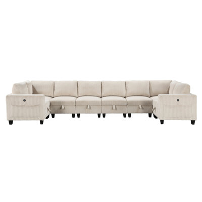 Modern Sofa 8-Piece Modular Sectional With Storage Seats, Side Pockets, Charging Ports Beige Corduroy Fabric Modern Living Room Sectional Couch Solid Wood Furniture