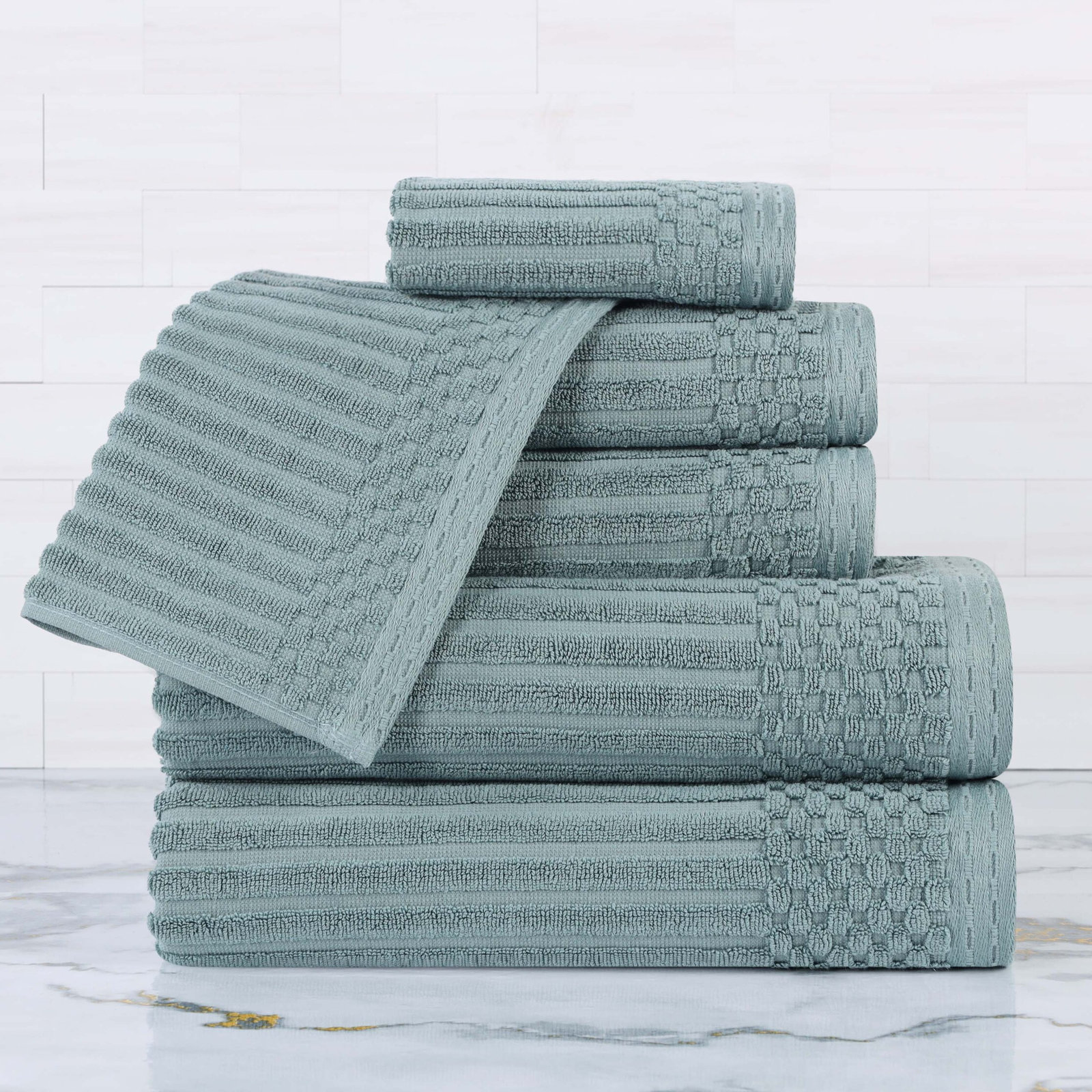 6-Piece Checkered Border Cotton Towel Set, Green