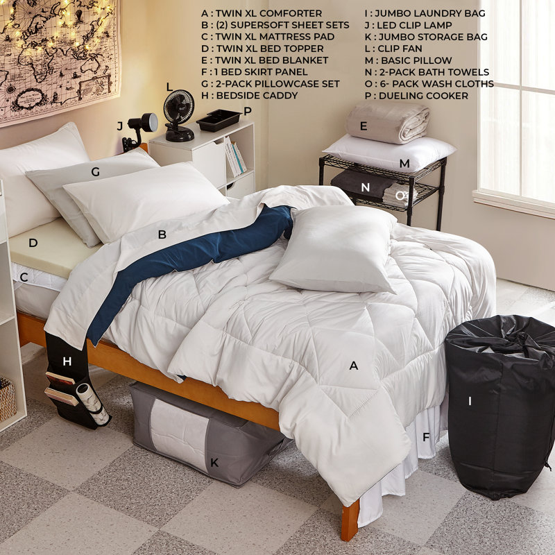 Fully-Loaded - Twin XL Dorm Bedding + College Student Essentials Package, Off White/Navy Blue