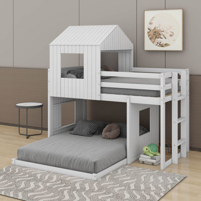 Wooden Twin Over Full Bunk Bed, Loft Bed With Playhouse, Farmhouse, Ladder And Guardrails