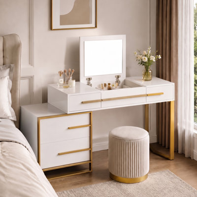 Bureau de coiffeuse extensible 47 po, coiffeuse moderne avec miroir rabattable et quatre tiroirs, coiffeuse avec table de chevet pour la chambre à coucher