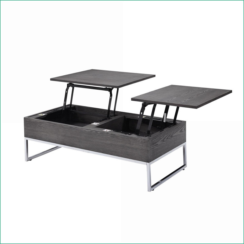 Chêne gris & amp; Table basse chromée à plateau relevable avec rangement caché, pièce de salon spacieuse
