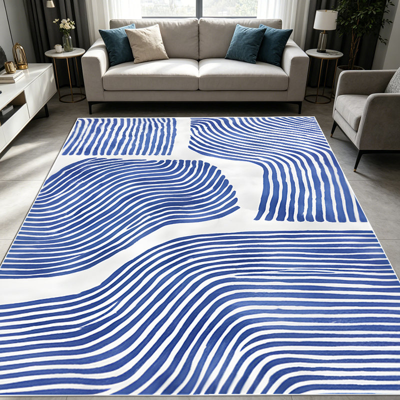 1PC Abstract Wavy Striped Navy Blue White Modern Minimalist area rugs for Living Room, Soft and Comfortable, Suitable for all seasons, easy-to-maintain, machine washable Indoor floor mat, Under Table Farmhouse suitable for dining room, bedroom, home
