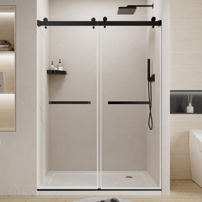 Porte de douche coulissante double sans cadre, 127-137 cm (L) x 193 cm (H), verre trempé de qualité supérieure de 6 mm d'épaisseur avec pellicule antidéflagrante, acier inoxydable, noir mat