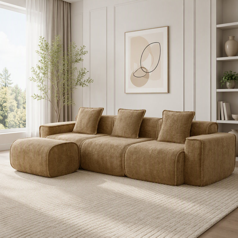 Canapé 3 pièces en forme de L avec repose-pieds et sans assemblage, 3-Seater & 1-Ottoman, Light Camel