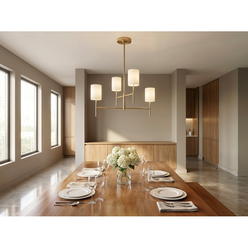 Barbara Barry Key 4 Light Dining Room Chandelier With White Linen Shade, Burnished Brass