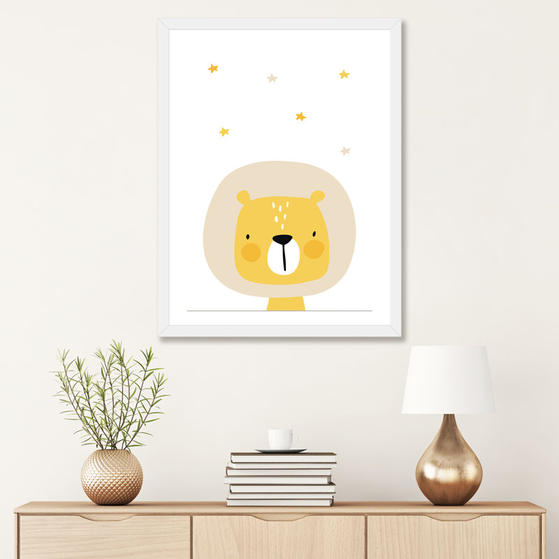 Lion avec étoiles - impression d'art graphique, H 32 po x l 24 po x P 1 po, Papier encadré blanc, Blanc