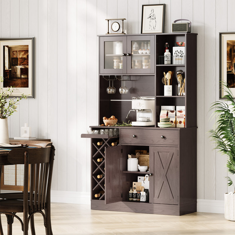 Armoire de cuisine 71 po avec rangement, plateau en noyer clair et blanc, portes doubles en acrylique, Brun