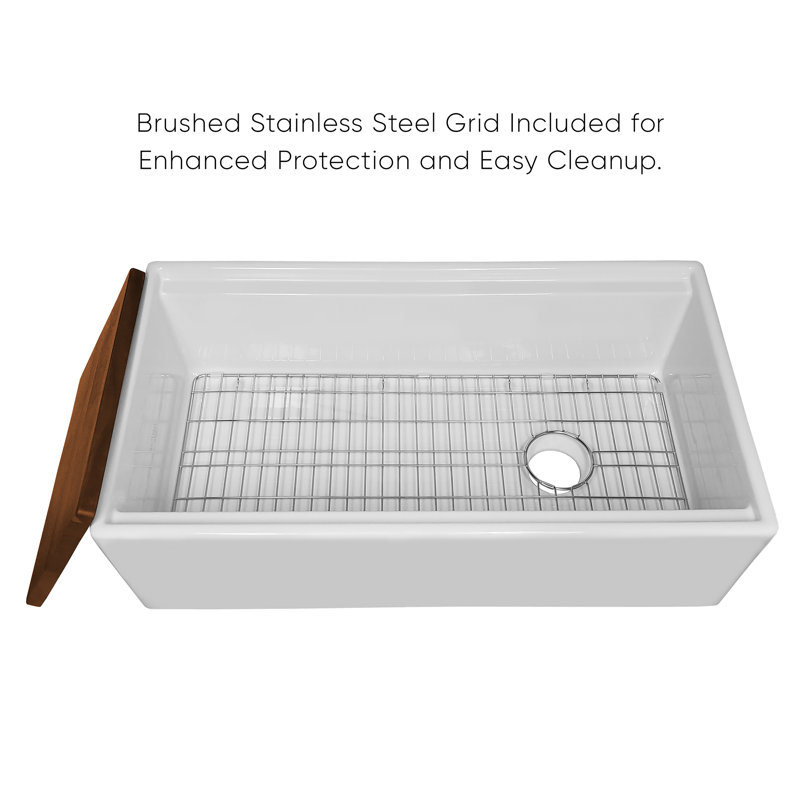 Whitehaus Collection Front Apron Single Bowl Fireclay Kitchen Sinks with Cutting Board and Grid, 33"