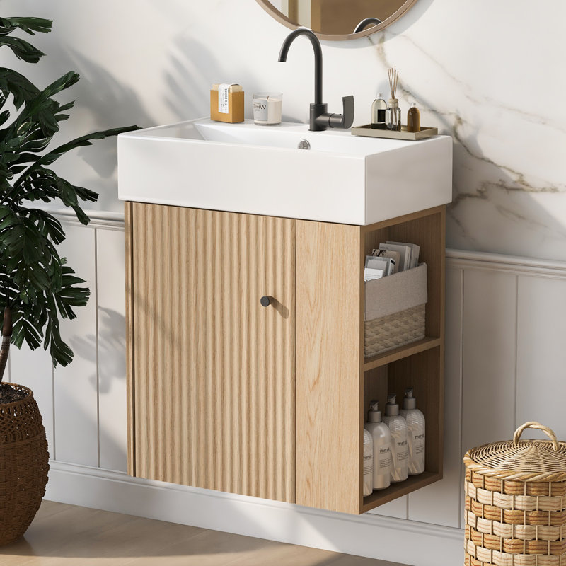 Micheals 21.6 inch Modern Floating Bathroom Vanity with Ceramic Basin,Right Side Storage, Wood