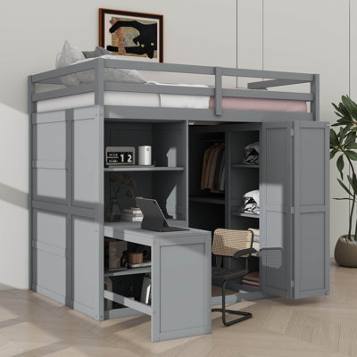 Full Size Loft Bed With Wardrobe,Desk And Shelves