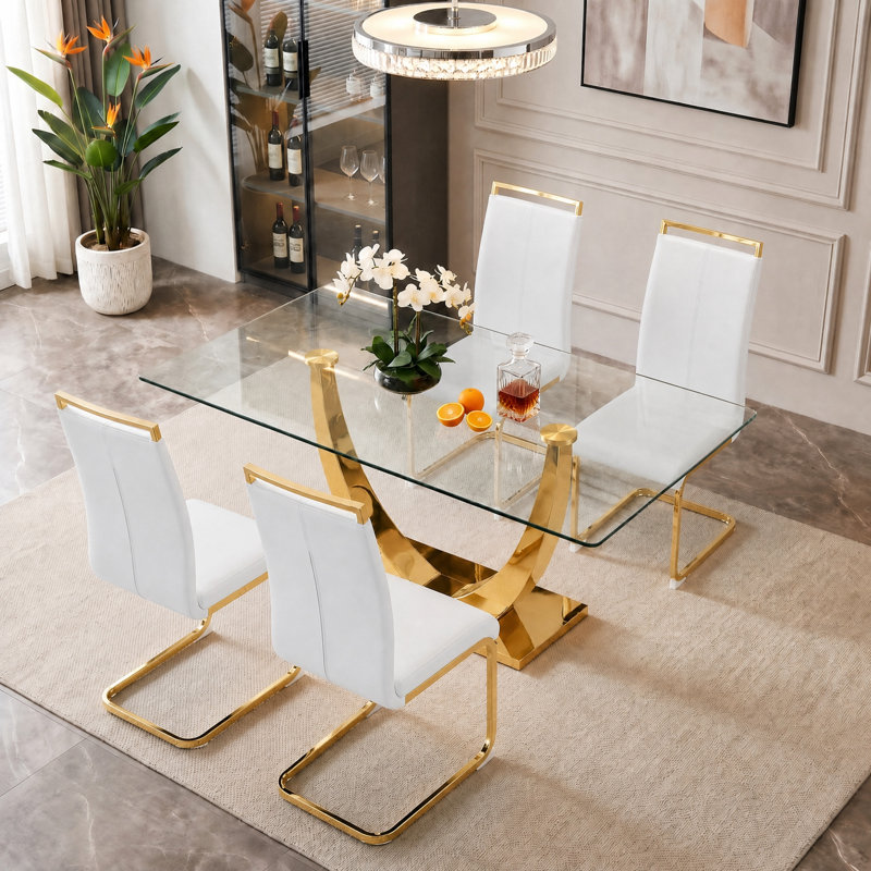 Ensemble de salle à manger 5 pièces rectangulaire moderne en verre trempé avec base en métal et chaises en porte-à-faux en similicuir