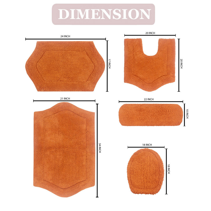 Athyrium Cotton 5 Piece Bath Mats Set, Quick Dry, Machine Washable, Absorbent, Terracotta