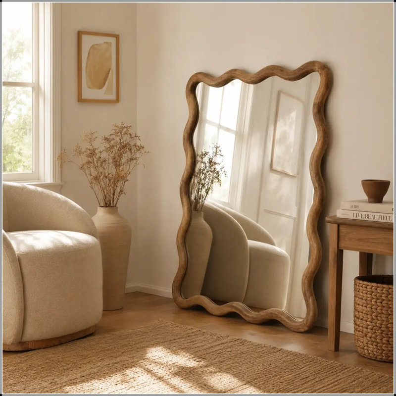 Miroir mural ondulé avec cadre en bois de manguier et motif festonné
