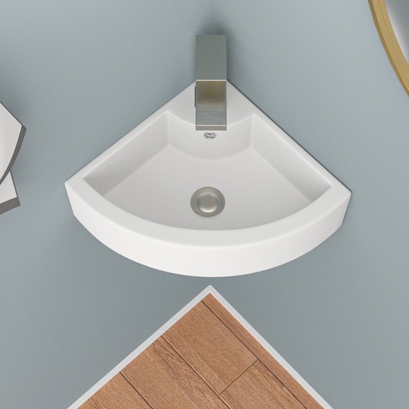18" x 13" White Ceramic Specialty Small Corner Wall Mount Bathroom Sink with Faucet Hole and Overflow