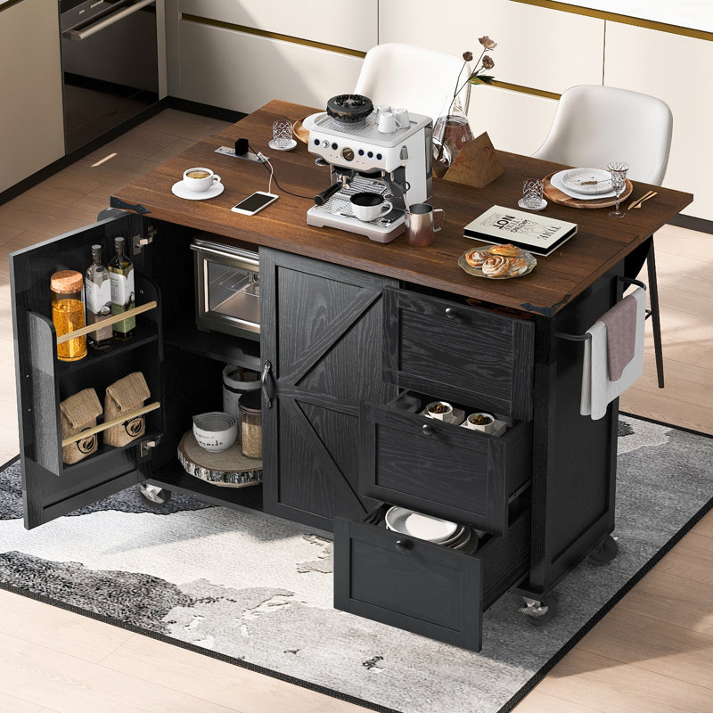 Îlot de cuisine de 54,5 po avec support de rangement, abattant, support à épices, chariot roulant et prise de courant, noir