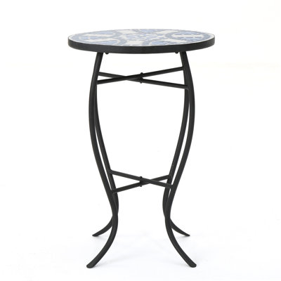 Outdoor Round Side Table With Mosaic-Style Top And Curved Iron Legs