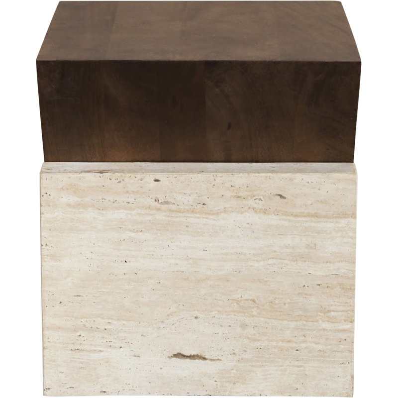 Table de bout en travertin et bois de manguier brun Opus