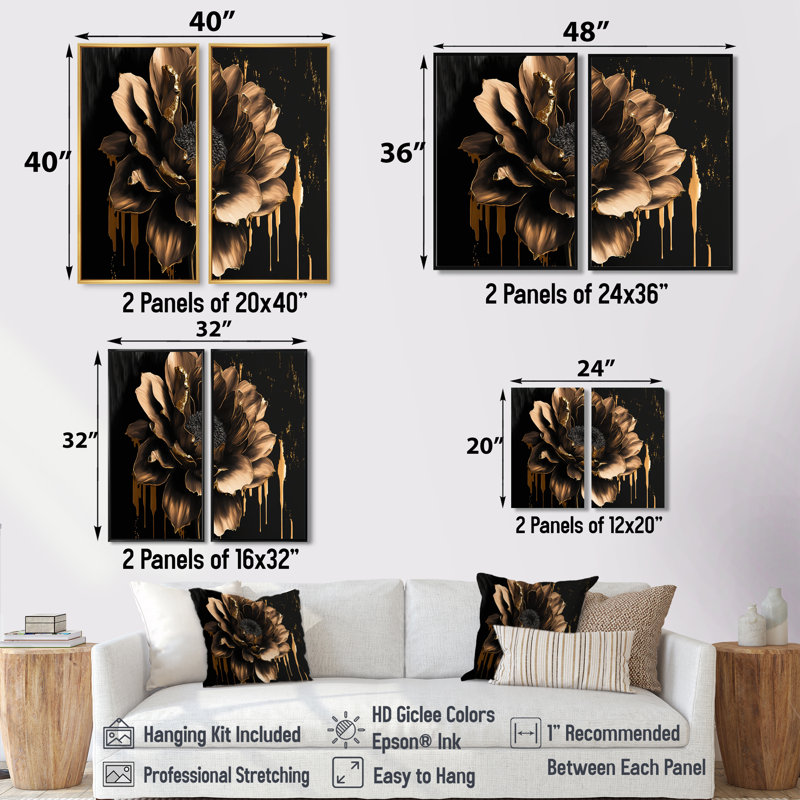 Dahlia noir et doré - 2 reproductions d'art sur toile, 2 pièces, H 40 po x l 40 po, Impression encadrée flottante, Noir