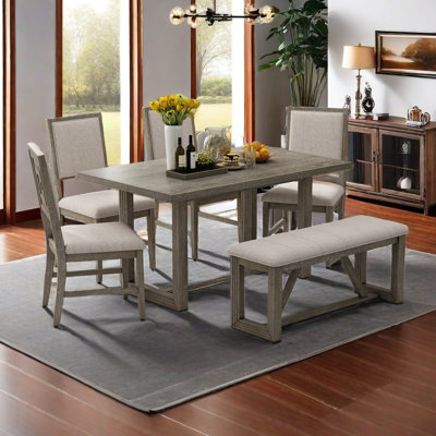 Ensemble de salle à manger 6 pièces, 1 table rectangulaire avec base à tréteaux conçue, 4 chaises rembourrées et 1 banc pour la salle à manger et la cuisine