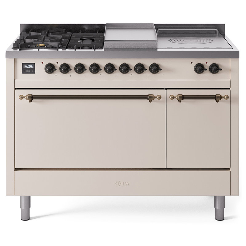 ILVE Nostalgie II 48 in Dual Fuel Range, 5 Burner, Griddle, Frenchtop, Antique White/Bronze, Liquid Propane