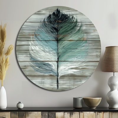 Boho Wood Texture Feather - Geometric Metal Wall Decor Round