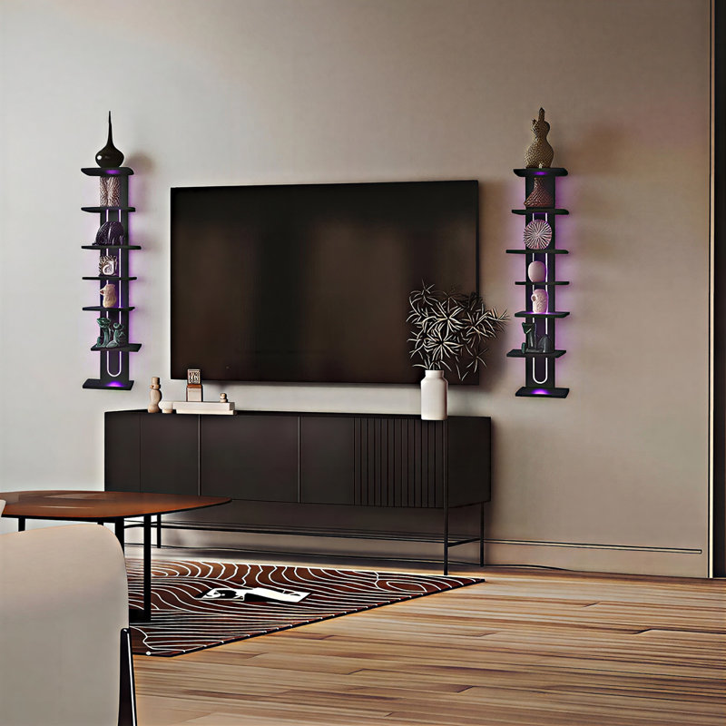 Modern RGB Wall-Mounted 7-Tier Floating Shelf, Black