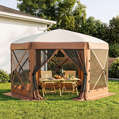 Pavillon de jardin escamotable 10 x 10 pi, abri moustiquaire amovible à 6 côtés, 6 toiles amovibles, abri extérieur portable, brun