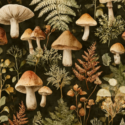 Papier peint adhésif auto-adhésif amovible champignon fougère champignon Botanical Vintage Woodland