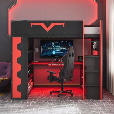 Gaming Loft Bed With Integrated Desk & RGB LED Lights, Pro-Gamer Bed With Power Outlet, Large Bookshelf, Pegboard, Keyboard Tray & Storage Drawer