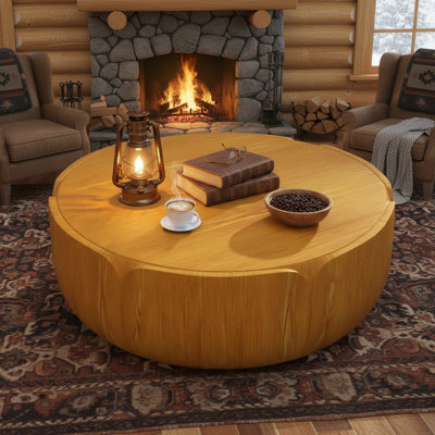 Table d'intérieur ronde de 35,63 po, table basse centrale à grain moderne, imperméable MGO (oxyde de magnésium) robuste, table sans assemblage pour patio, jardin, cour arrière, salon (couleur bois)