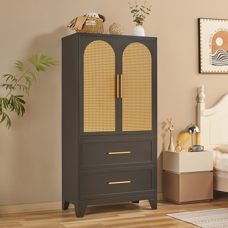 Armoires de rangement en métal 65 po avec porte en rotin ABS et 2 tiroirs, Noir