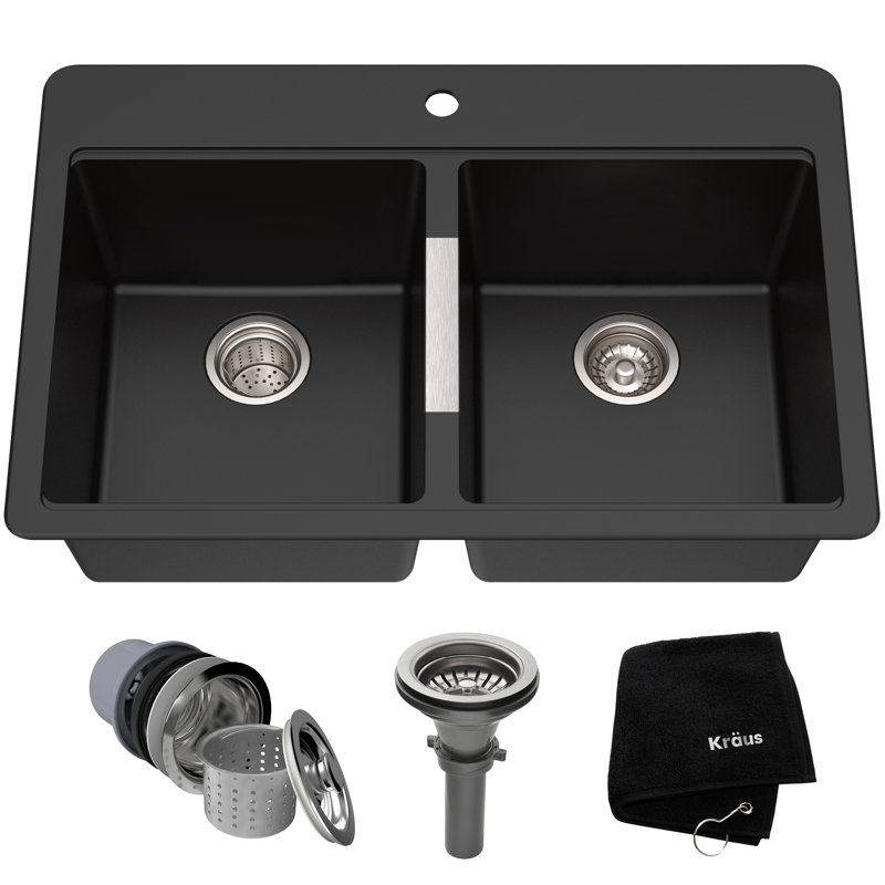 KRAUS Dual Mount Bowl Granite Kitchen Sink w/ Top Mount and Undermount Installation, 50/50 Double Bowl, Black