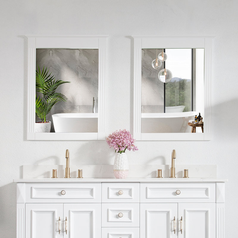 Wall-Mounted 33"H x 26''W Rectangle Solid Wood Framed Mirror, White