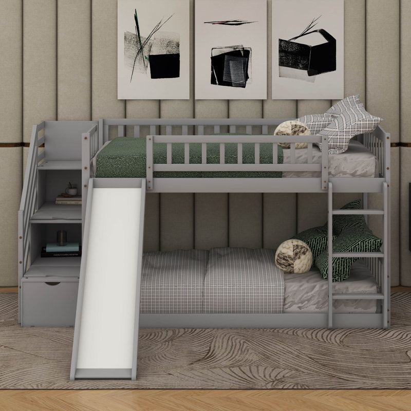 Twin Over Twin Bunk Bed With Slide, Gray