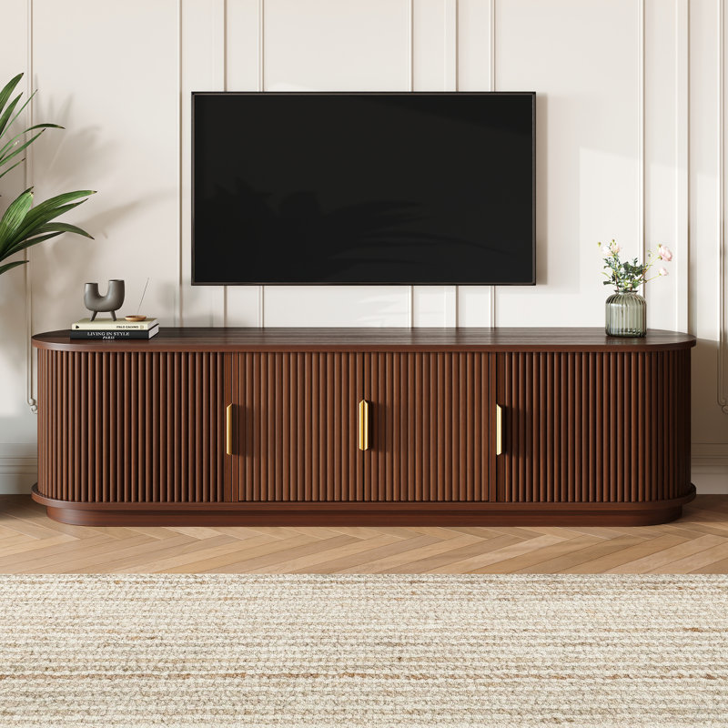 Farmhouse Wooden TV Stand With Sliding Tambour Door For Tvs Up To 75", Fluted Media Console With Adjustable Storage, Golden Handle TV Cabinet With Cable Holes For Living Room