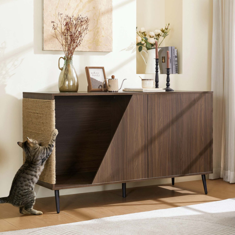 Table d'appoint moderne en noyer 2 en 1 avec porte à ressorts et bac à litière pour chat Cat Sisal