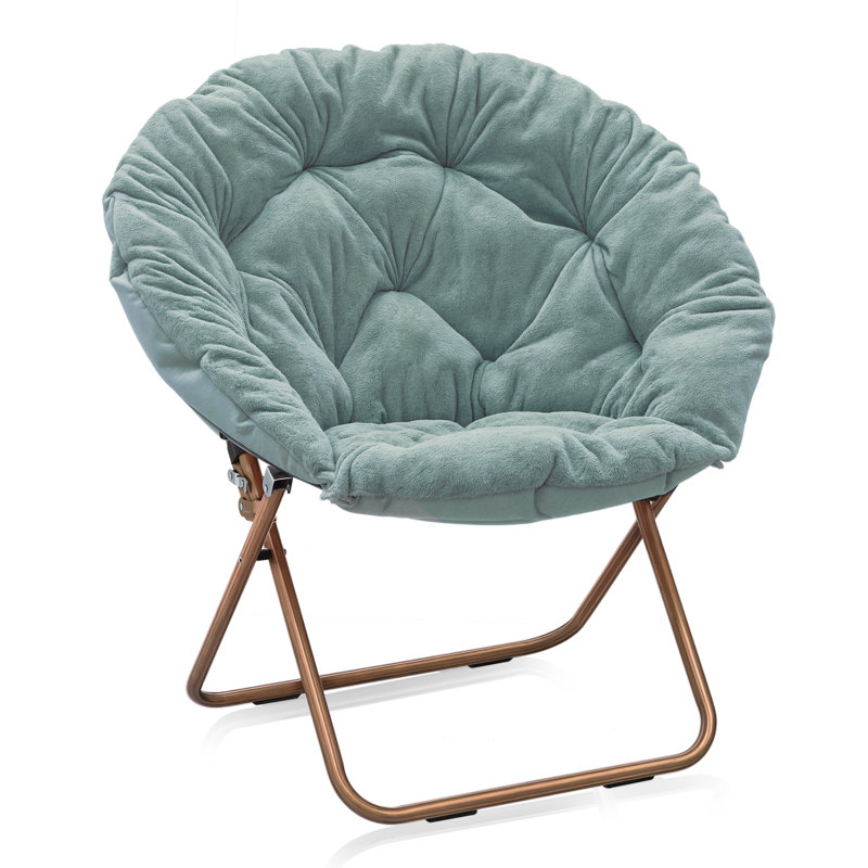 Foldable Round Saucer Chair Portable Papasan Chair Lounge Chair Accent Chair for Bedroom Living Room, Pink Faux Fur, Bronze