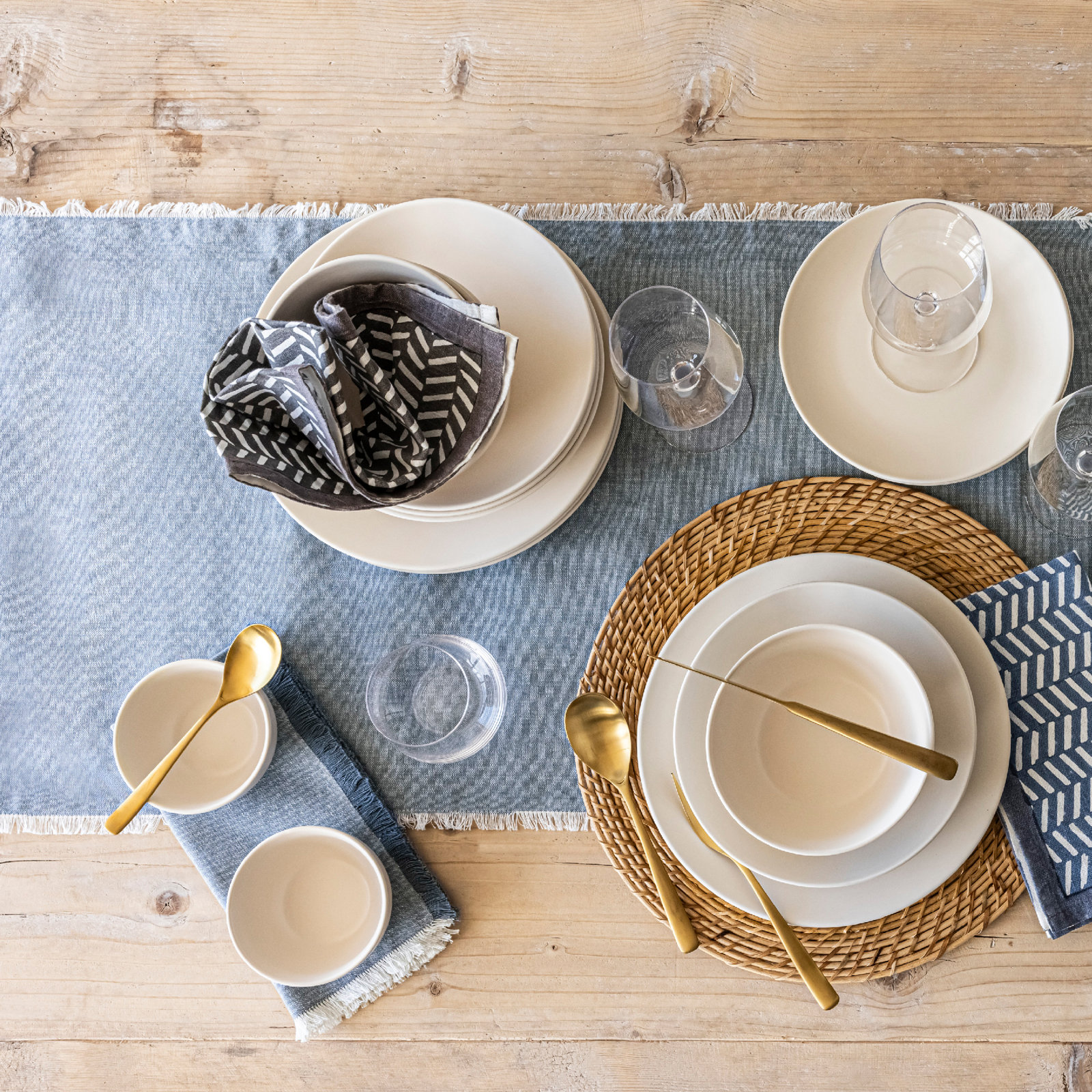 over&back Woven Frayed Chambray 108" Table Runner, Blue, 18" W x 108" L