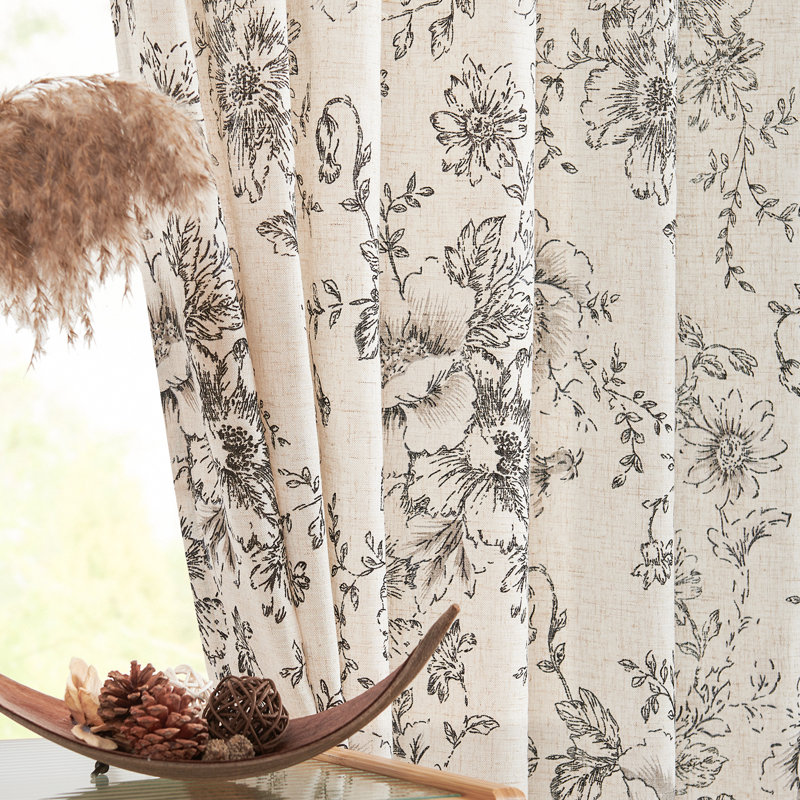 Neacsa Linen Semi Sheer Peony Flower Patterned Rod Pocket Curtain Pair, Brown, 50" W x 96" L