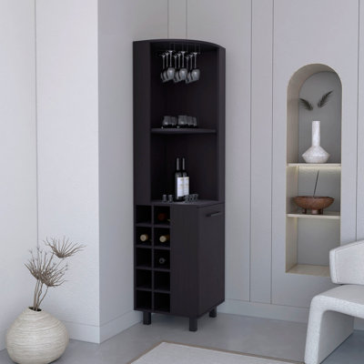 70" Tall Corner Bar Cabinet With Four Shelves, Ten Wine Bottle Cubbies And Stemware