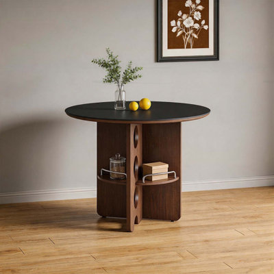 Table de salle à manger de style médiéval en pierre frittée ronde avec rangement, pieds en bois aggloméré noyer, idéale pour les petites familles et les maisons modernes