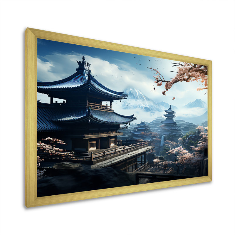 Temple du Japon sérénité panoramique - décoration murale Japon, Cadre doré à coins fermés, H 24 po x l 32 po x P 1 po