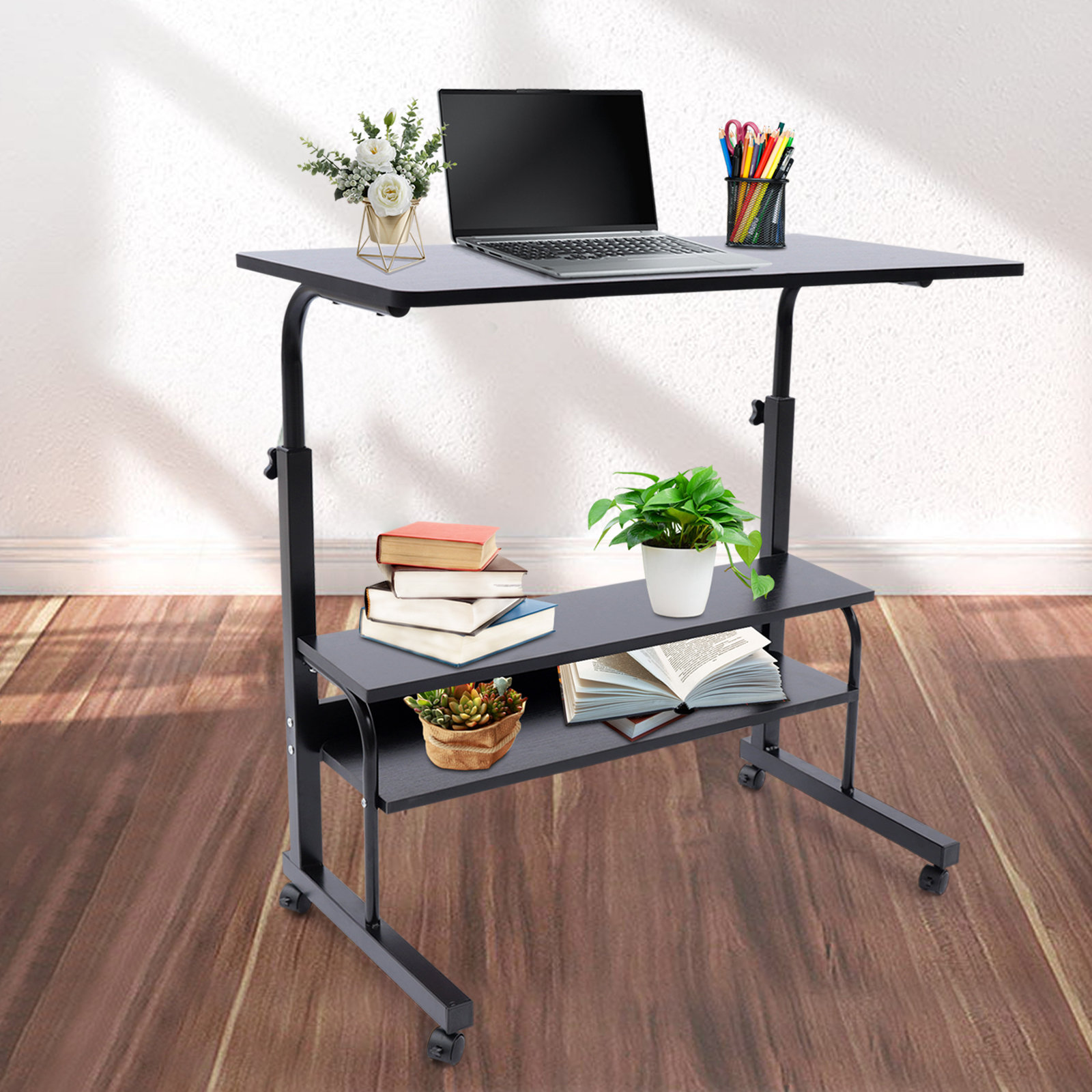 Wooden Laptop Table with Wheels Shelf Storage Height Adjustable Laptop Desk  Computer Stand Desk for Sofa Bed Beside