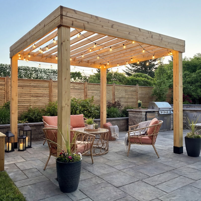 10 ft. W x 10 ft. D Western Red Cedar Urban Escape Pergola with Steel Post Brackets