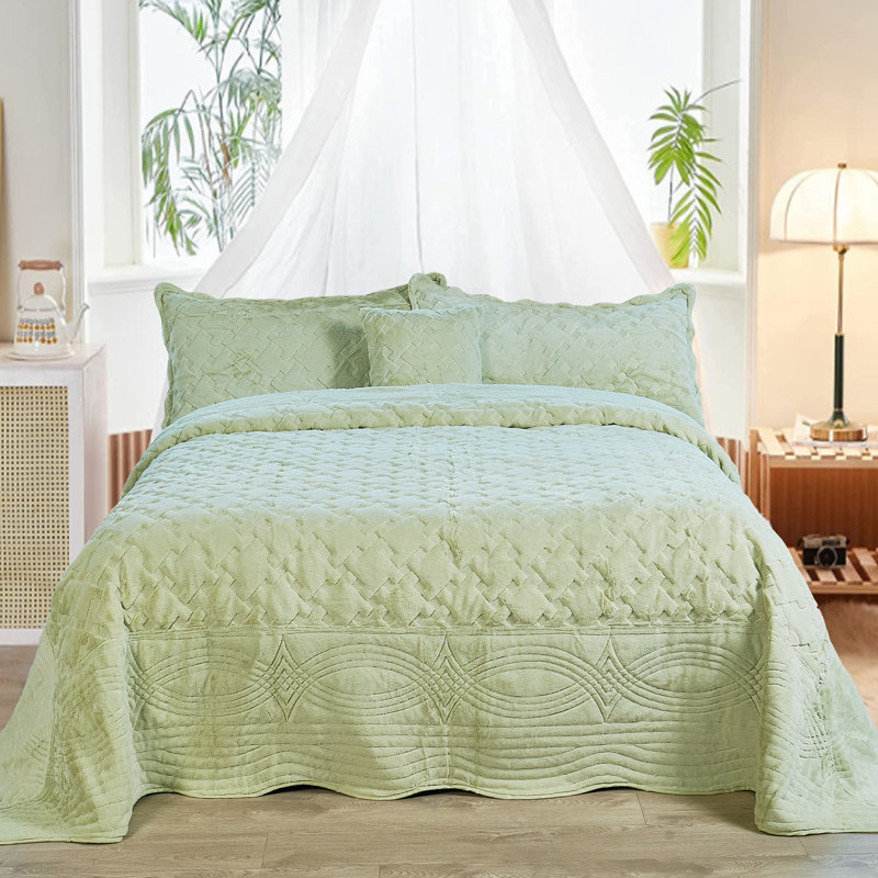 Ensemble de courtepointe en similifourrure de 4 pièces Tatami, Couvre-lit très grand + 3 pièces supplémentaire, Vert clair