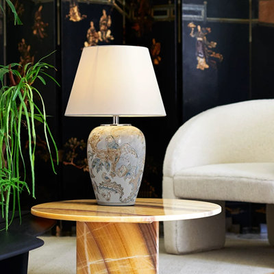Petite lampe de table moderne en céramique cyan + métal avec abat-jour en lin pour le salon de la chambre à coucher, ampoule incluse