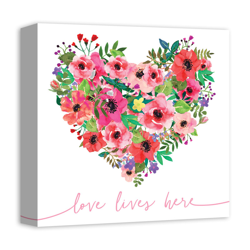 « love lives here floral cœur », impression sur toile tendue, H 12 po x l 12 po x P 1,25 po