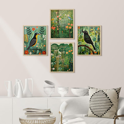 " Birds And Lush Botanicals Vibrant Jungle And Garden Illustration Decor Multicolor " 4 - Pieces